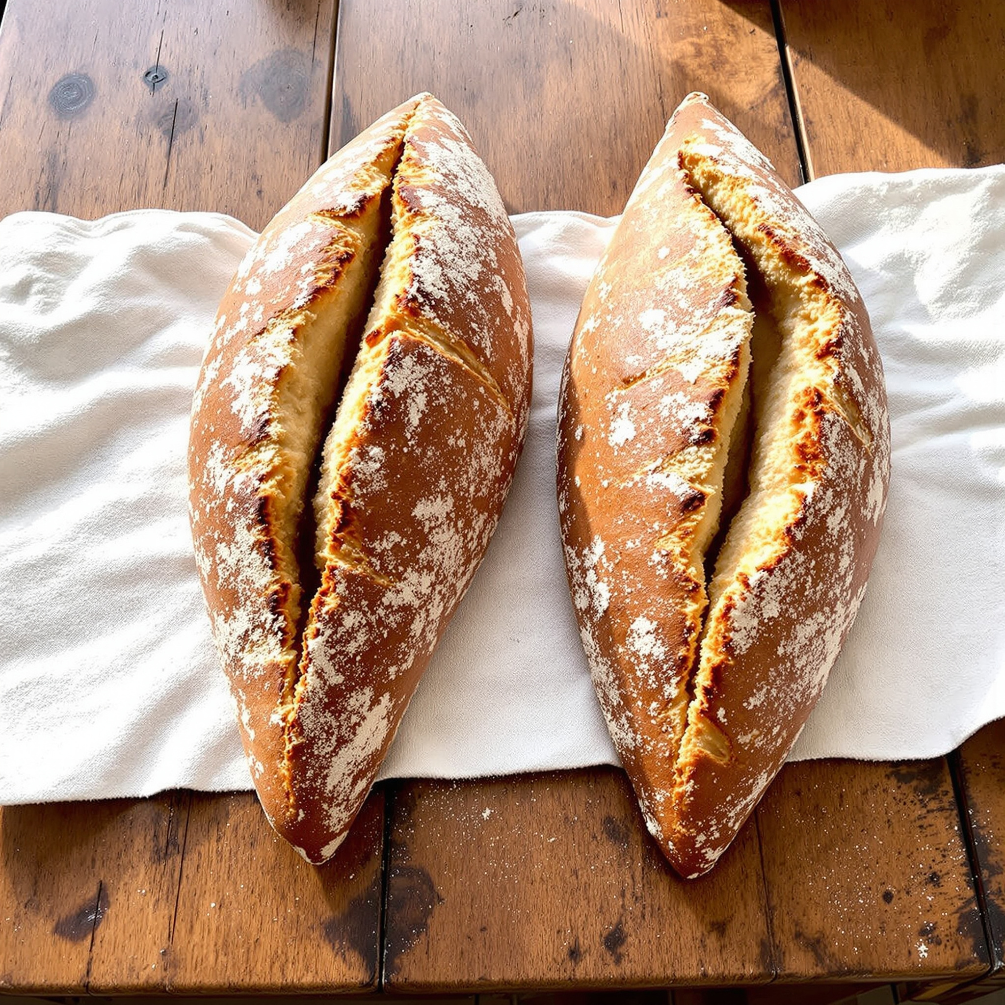 Long canoe-shaped Georgian shoti bread with golden crust on linen cloth