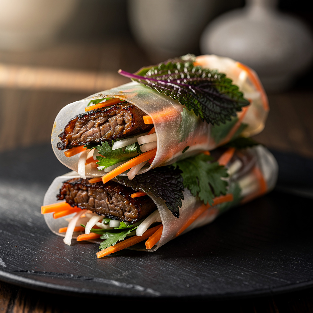 Lemongrass beef rice paper roll with charred edges and bright orange pickled carrot