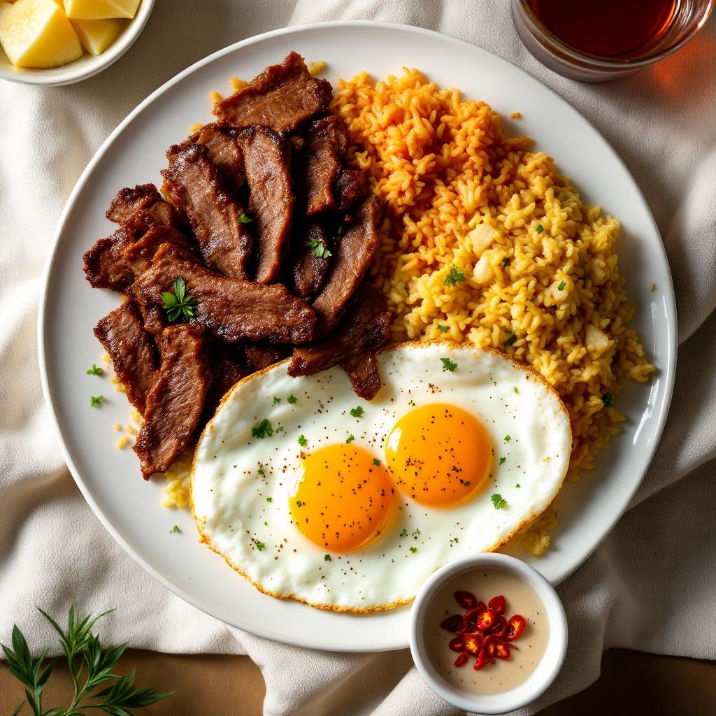 Filipino tapsilog with cured beef strips, garlic fried rice and a fried egg on a white plate