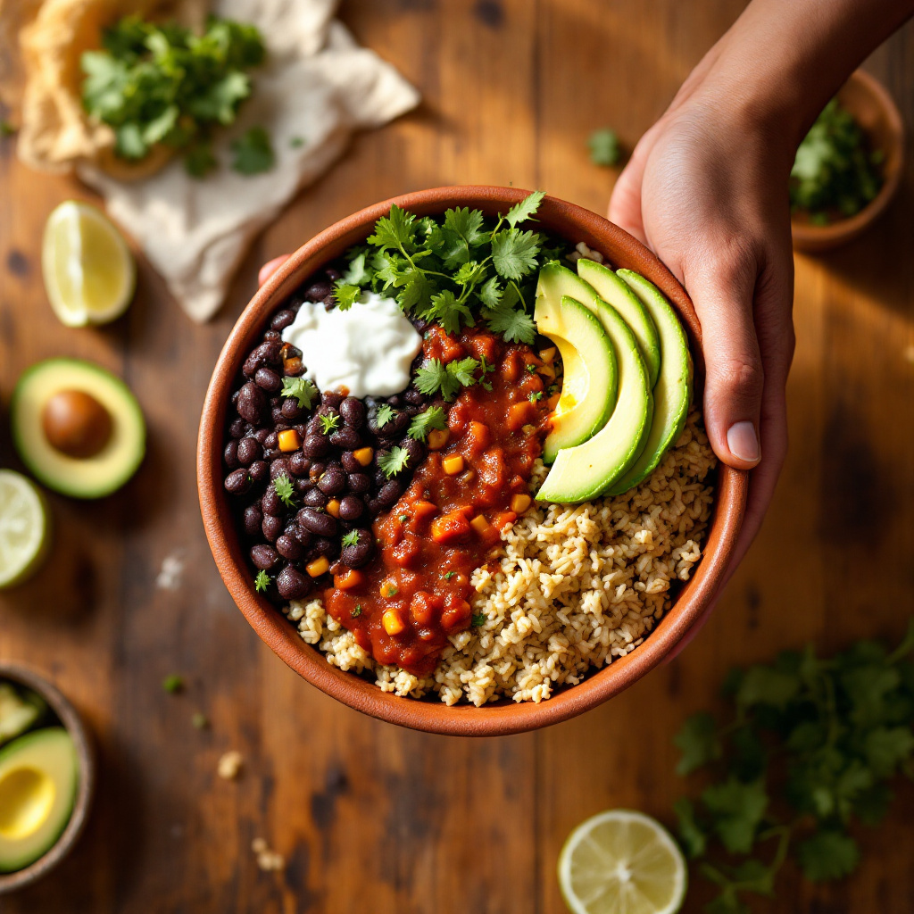 Action shot of a Mexican chipotle black bean bowl being assembled, black beans in deep red chipotle sauce over cilantro rice, avocado slices and lime wedges on the side, rustic terracotta dish, warm golden-hour light from the left