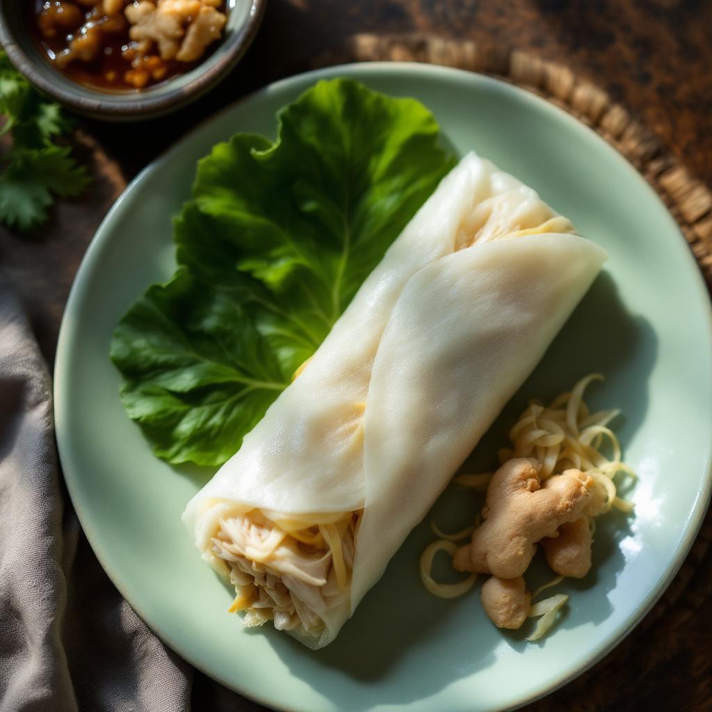 Hanoi-style rice paper roll with pale yellow egg crepe ribbons and green herbs