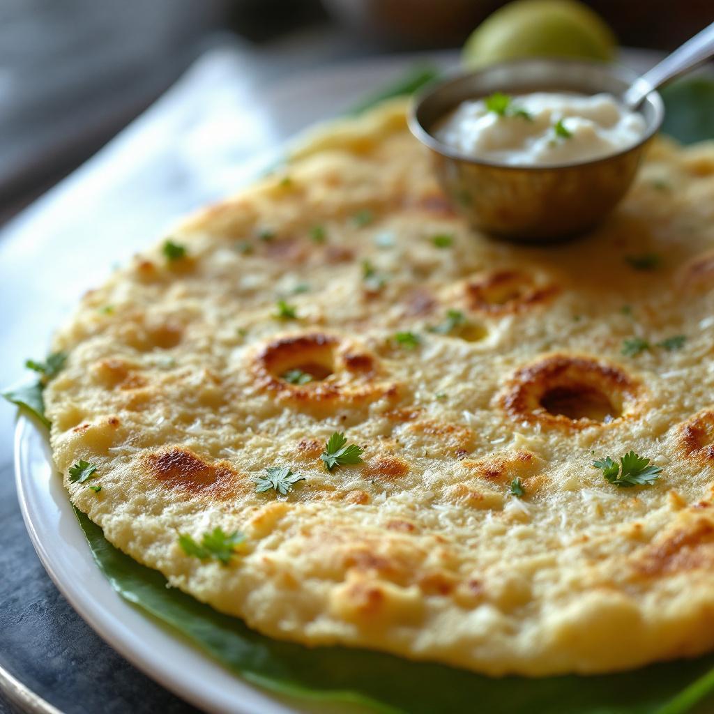 Golden akki roti with crispy edges and visible coconut and coriander, served with chutney