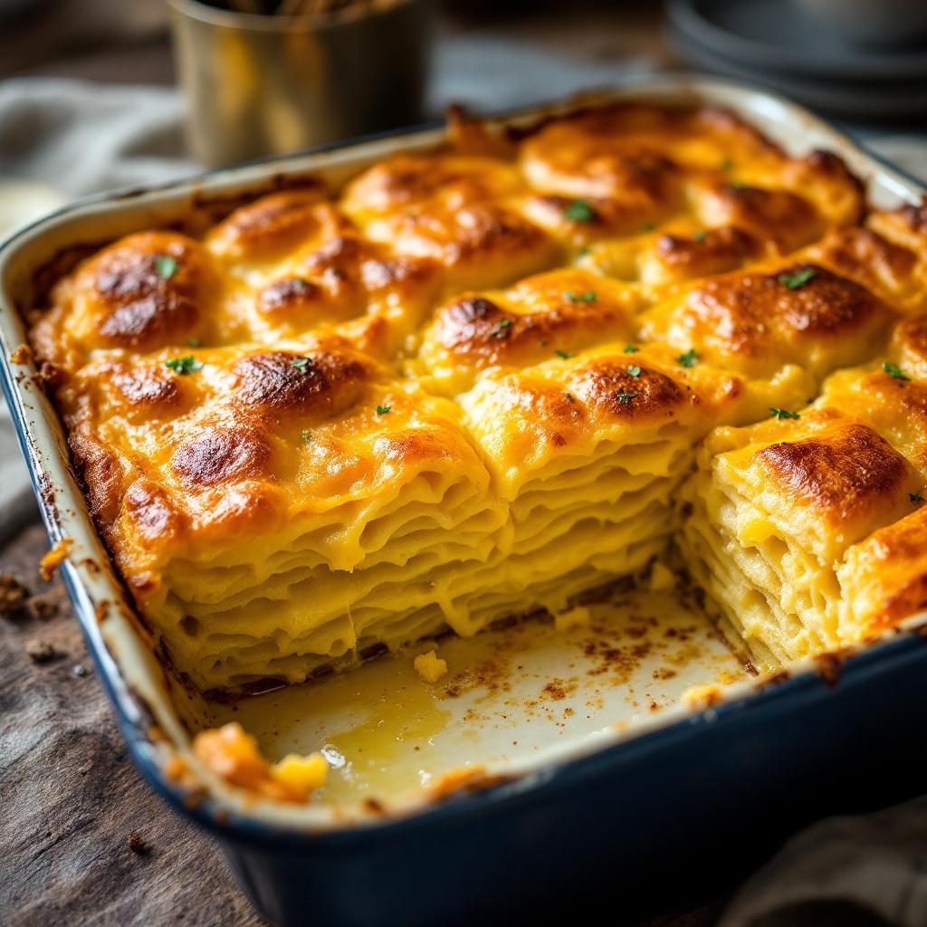 Achma layered Georgian cheese bread cut into squares showing pasta-like layers