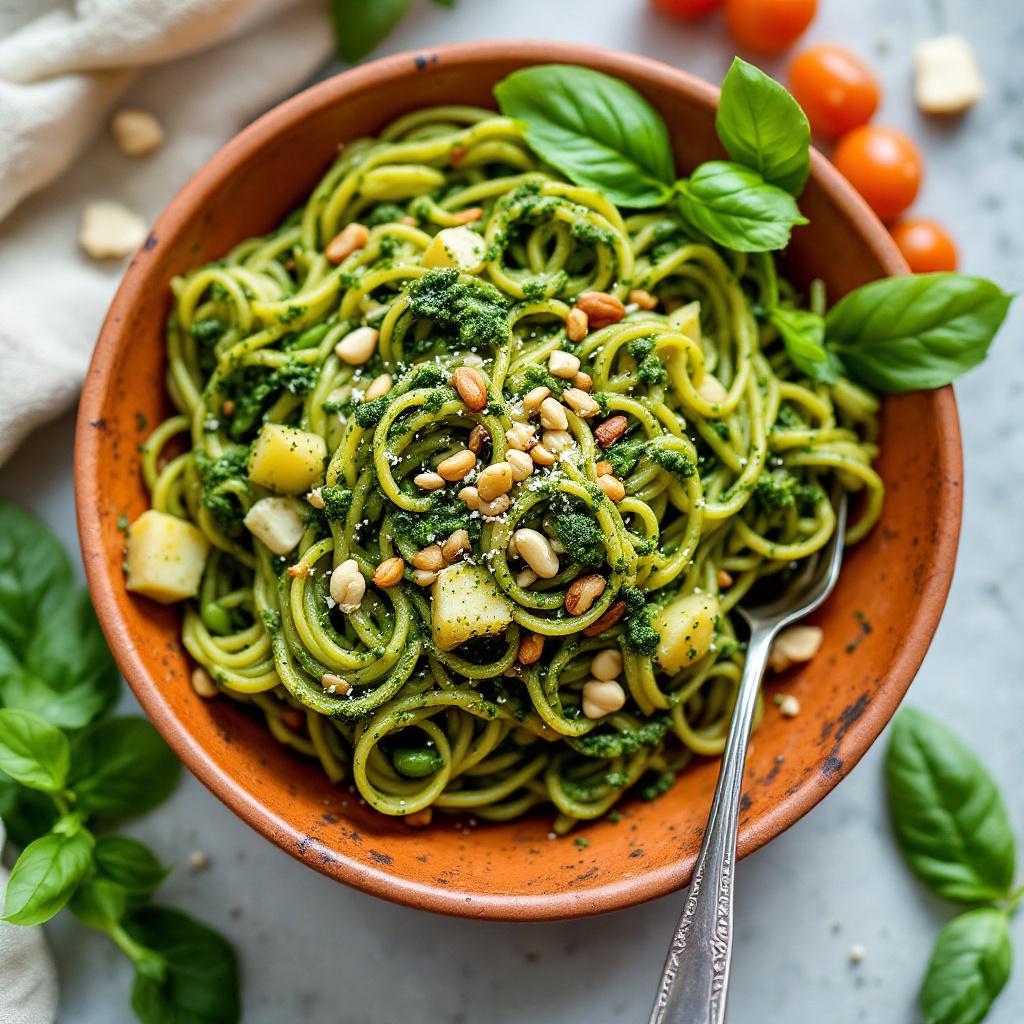 Hand-rolled trofie pasta in bright green basil pesto with pine nuts