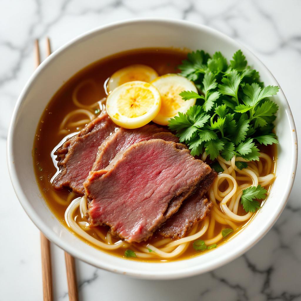 A bowl of pho bac with translucent amber beef broth, thin slices of rare beef draped over flat rice noodles, sparse green onion and cilantro, white ceramic bowl on a marble surface