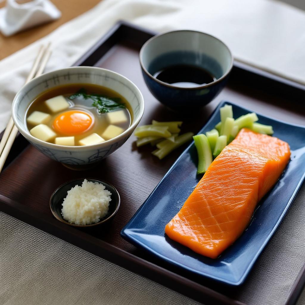 Japanese ichiju-sansai breakfast tray with miso soup, grilled salmon, pickles, rice and raw egg