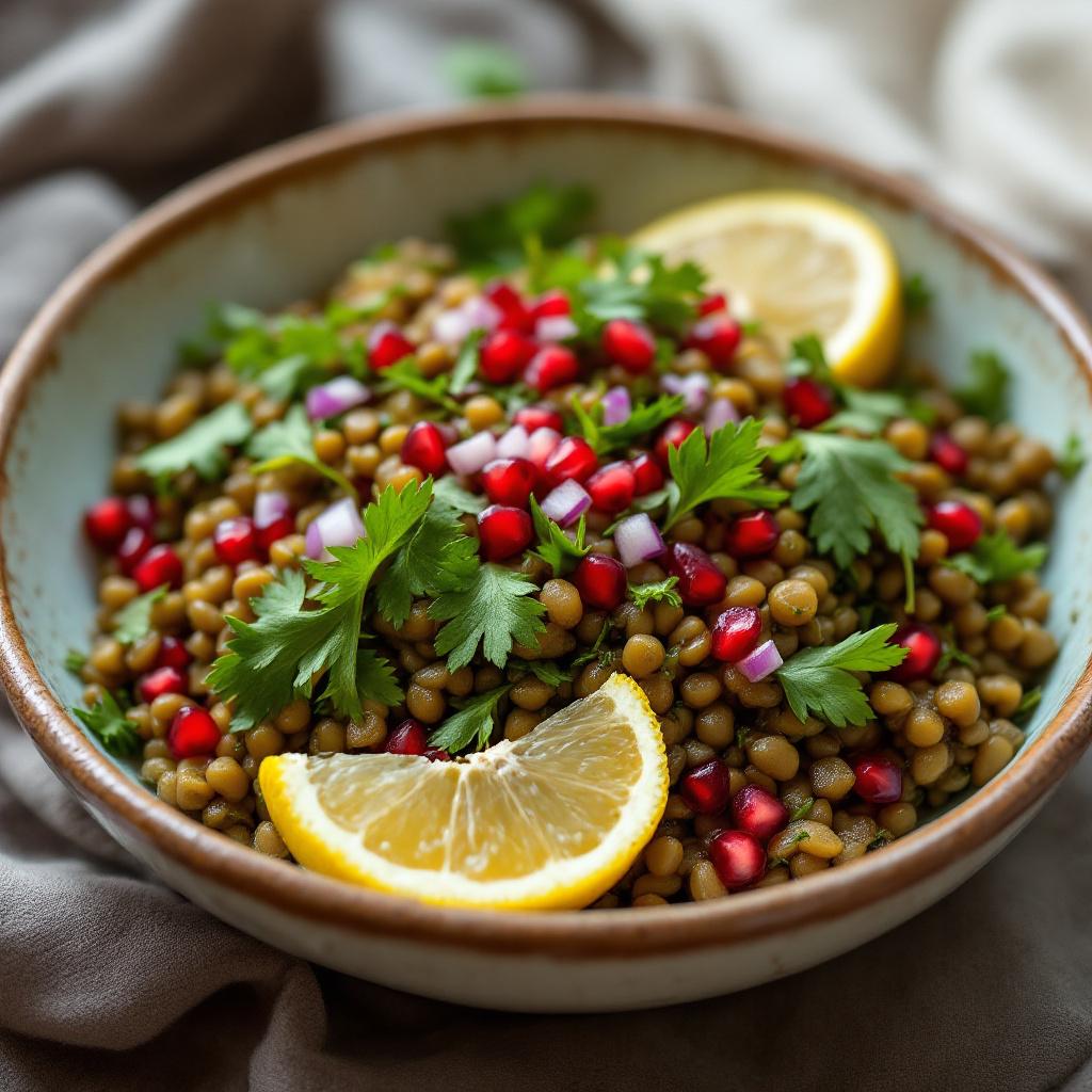 Warm green lentil salad with herbs, lemon zest and red onion in a shallow bowl