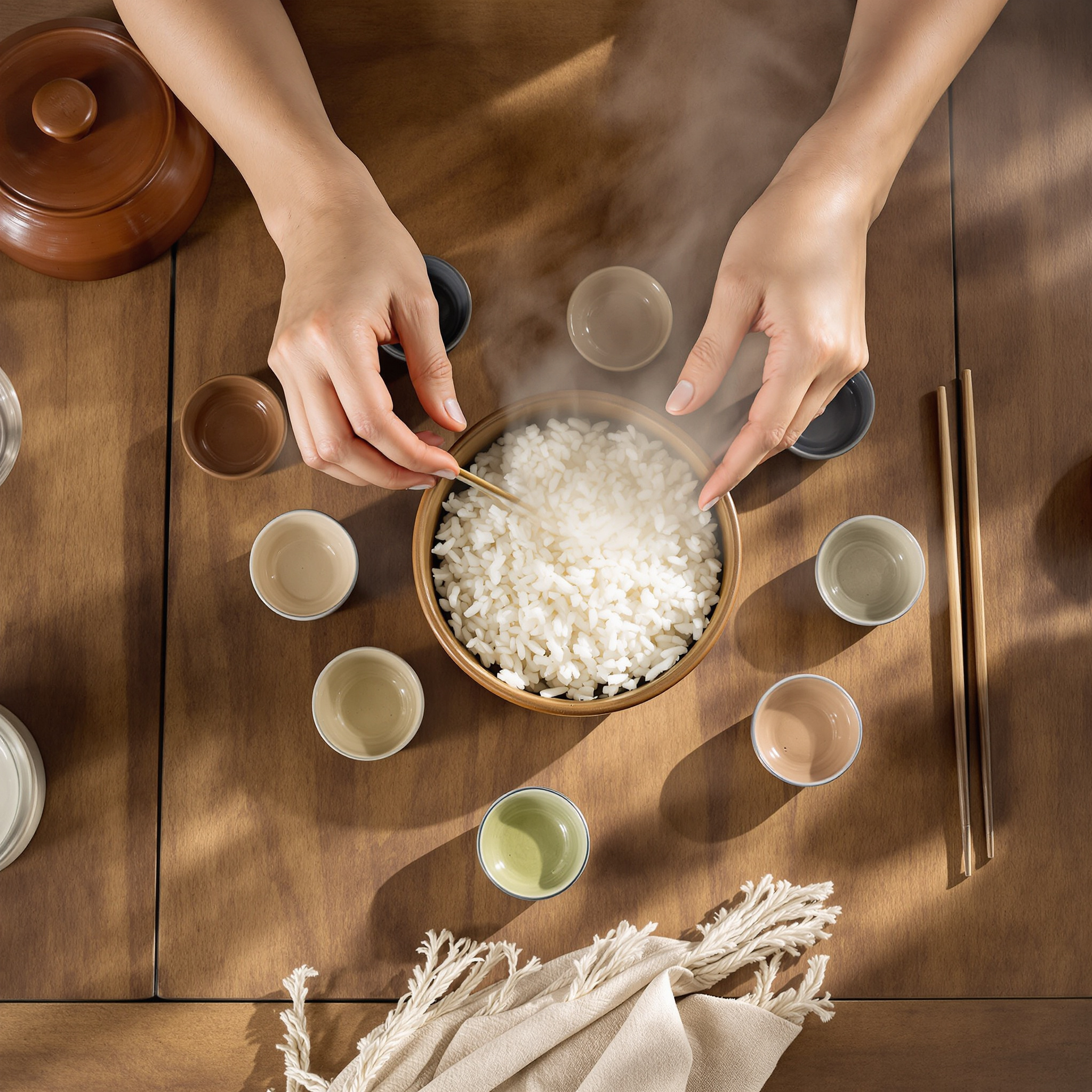 Hands placing small banchan bowls on a wooden table with chopsticks and a rice pot