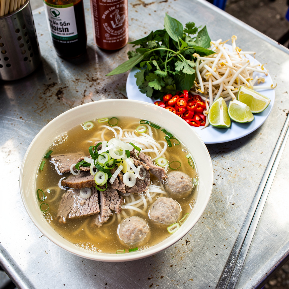A southern-style bowl of pho with a generous plate of fresh herbs alongside, Thai basil, sawtooth coriander, bean sprouts and lime wedges, broth slightly cloudier and richer in color, hoisin and sriracha bottles in soft focus