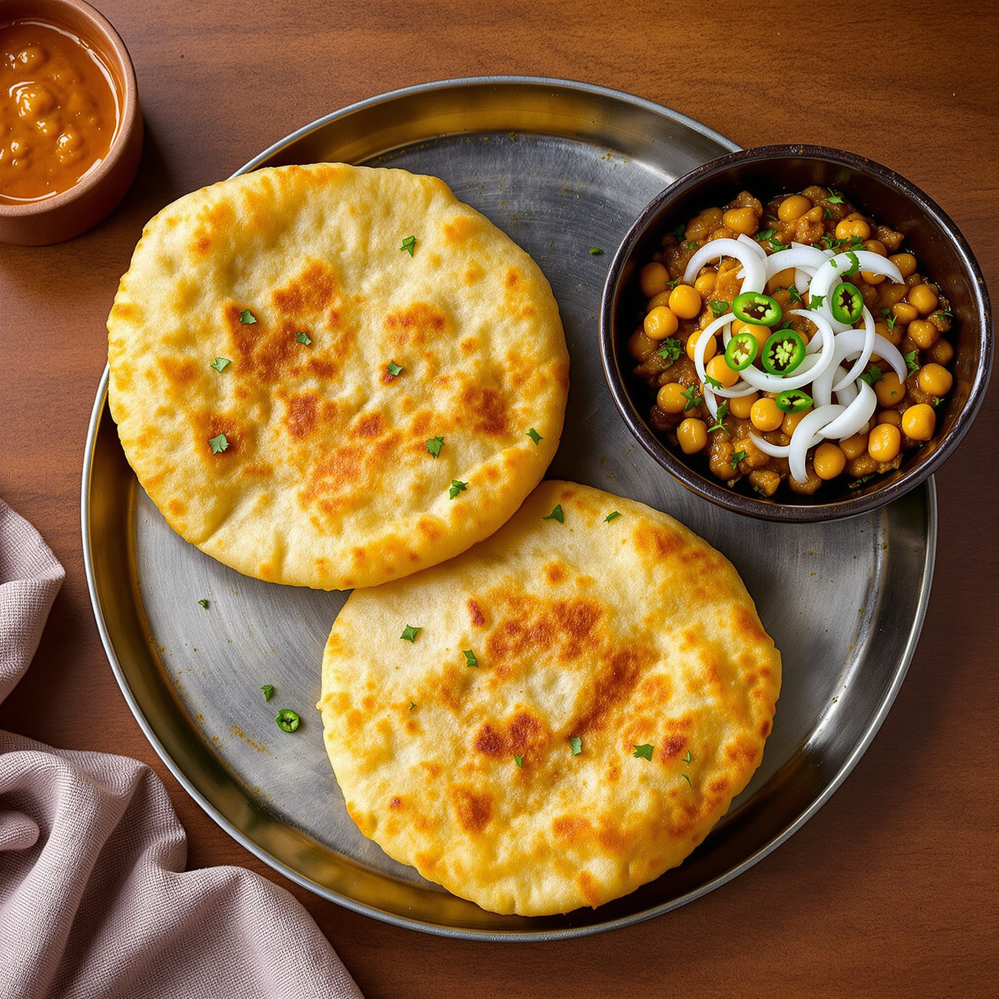 Puffed golden bhatura beside a bowl of dark chickpea curry on a steel plate