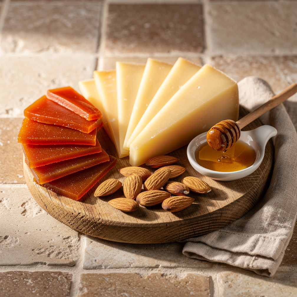 Wedges of Manchego cheese with quince paste and almonds on a wooden board