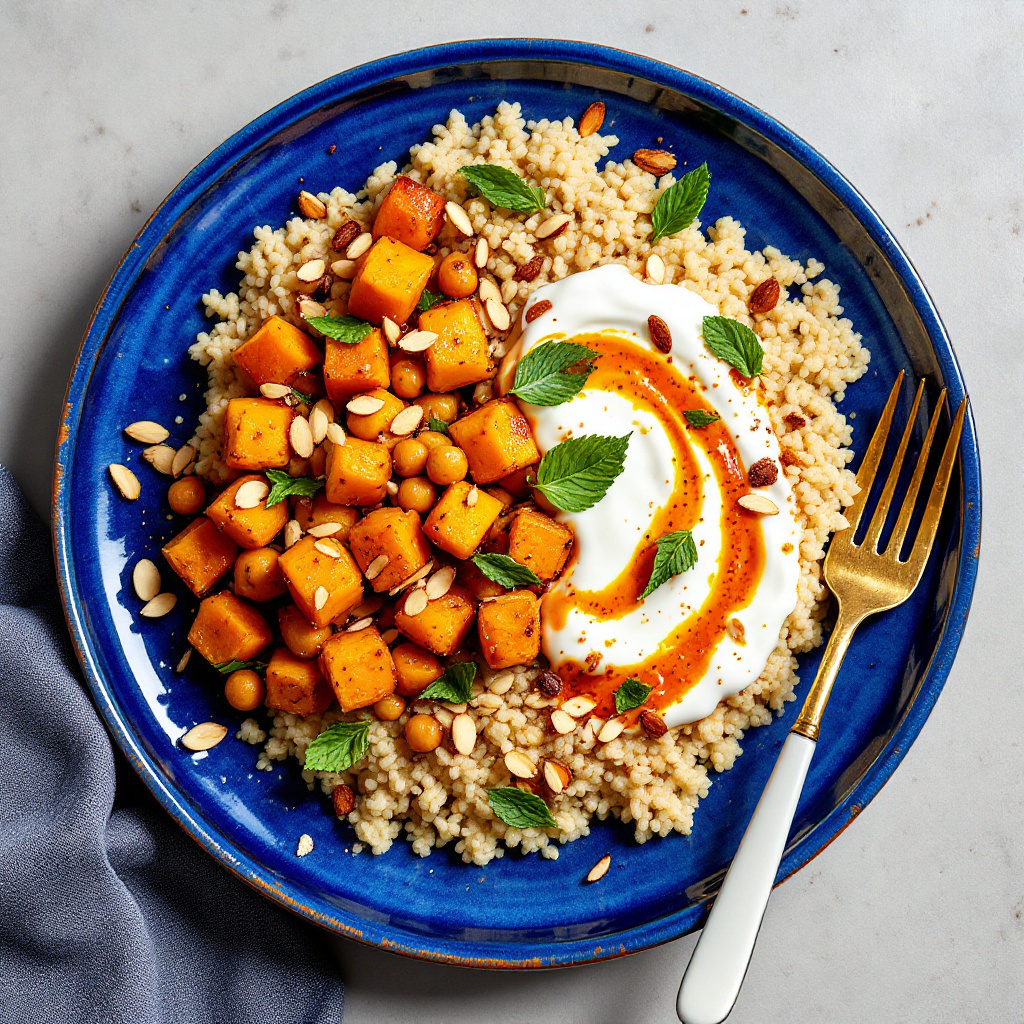 Flat-lay of a Moroccan-spiced roasted vegetable bowl on a hand-painted blue ceramic plate, caramelized butternut squash and chickpeas over couscous, drizzled with harissa yogurt, scattered with chopped almonds and fresh mint, bright studio light with warm shadows