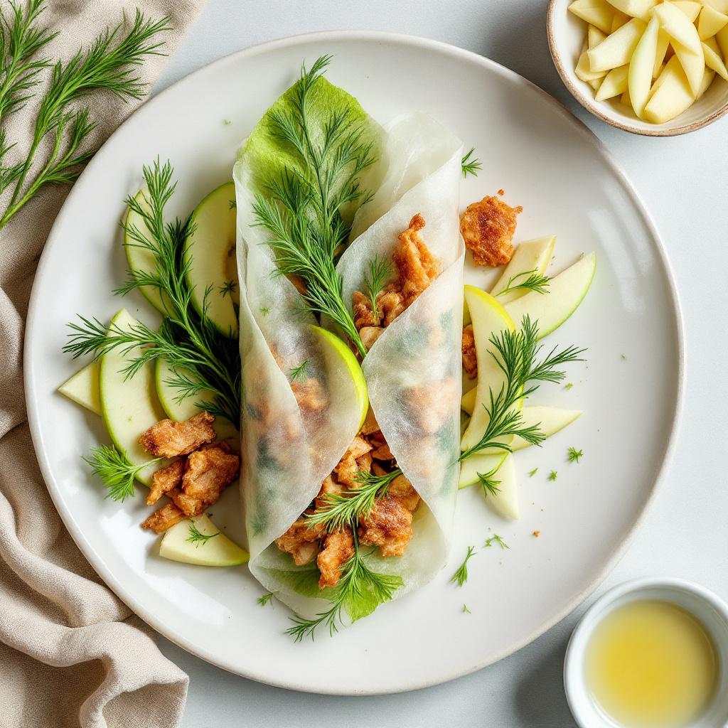 Smoked mackerel and green apple rice paper roll with flaked fish and pale green apple matchsticks
