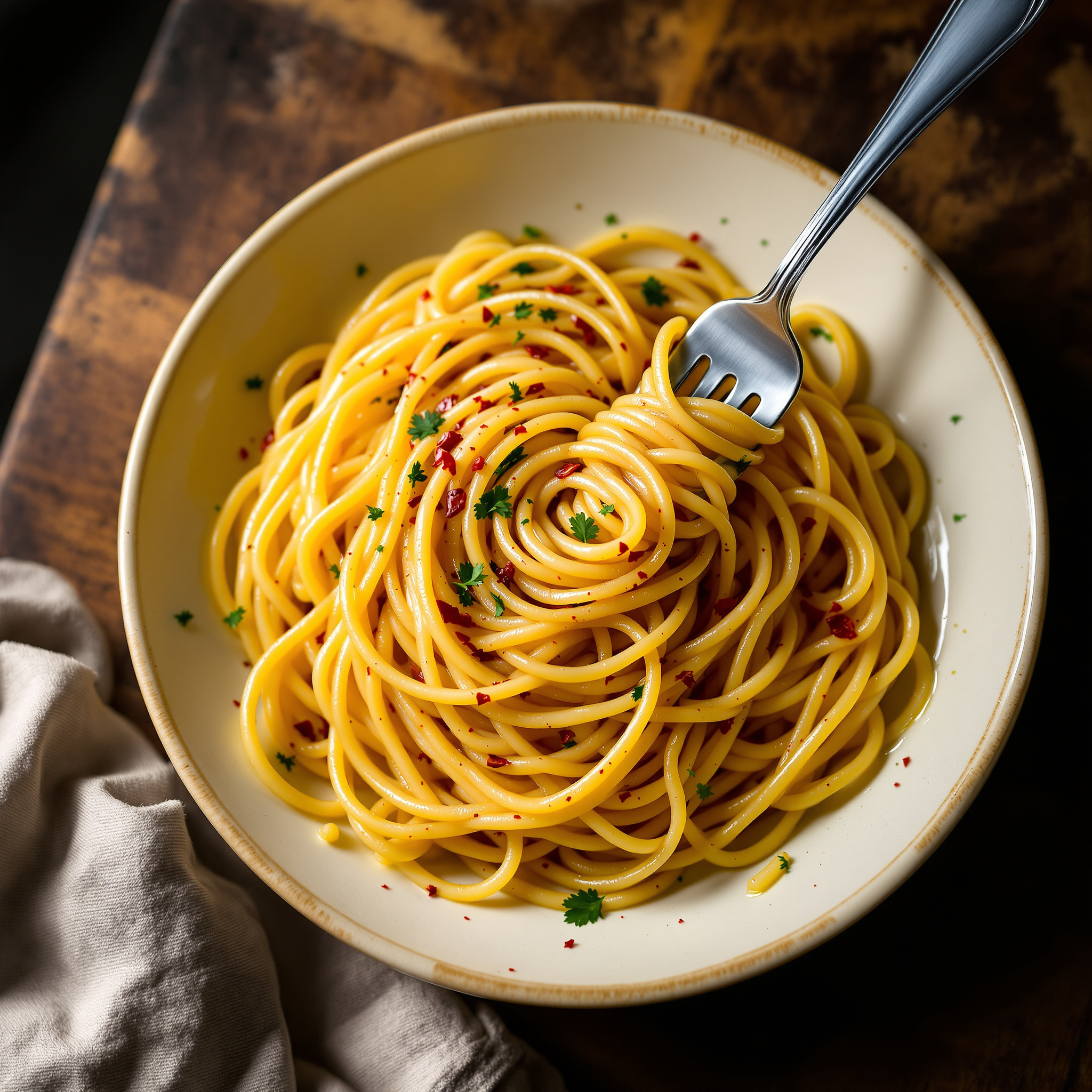 Twirled spaghetti in olive oil with sliced garlic and red chili flakes in a white bowl