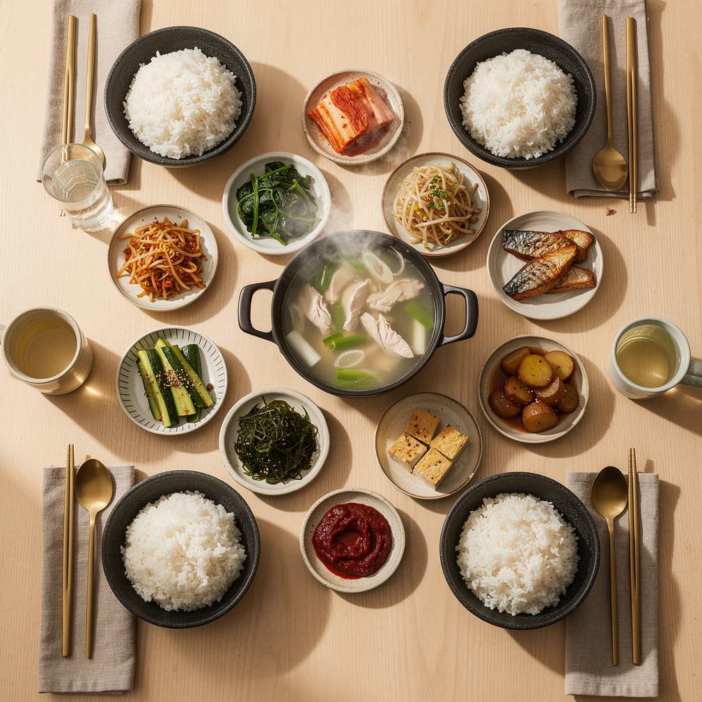 A finished Korean banchan dinner table with rice, soup, and eight small side dishes seen from above in soft daylight