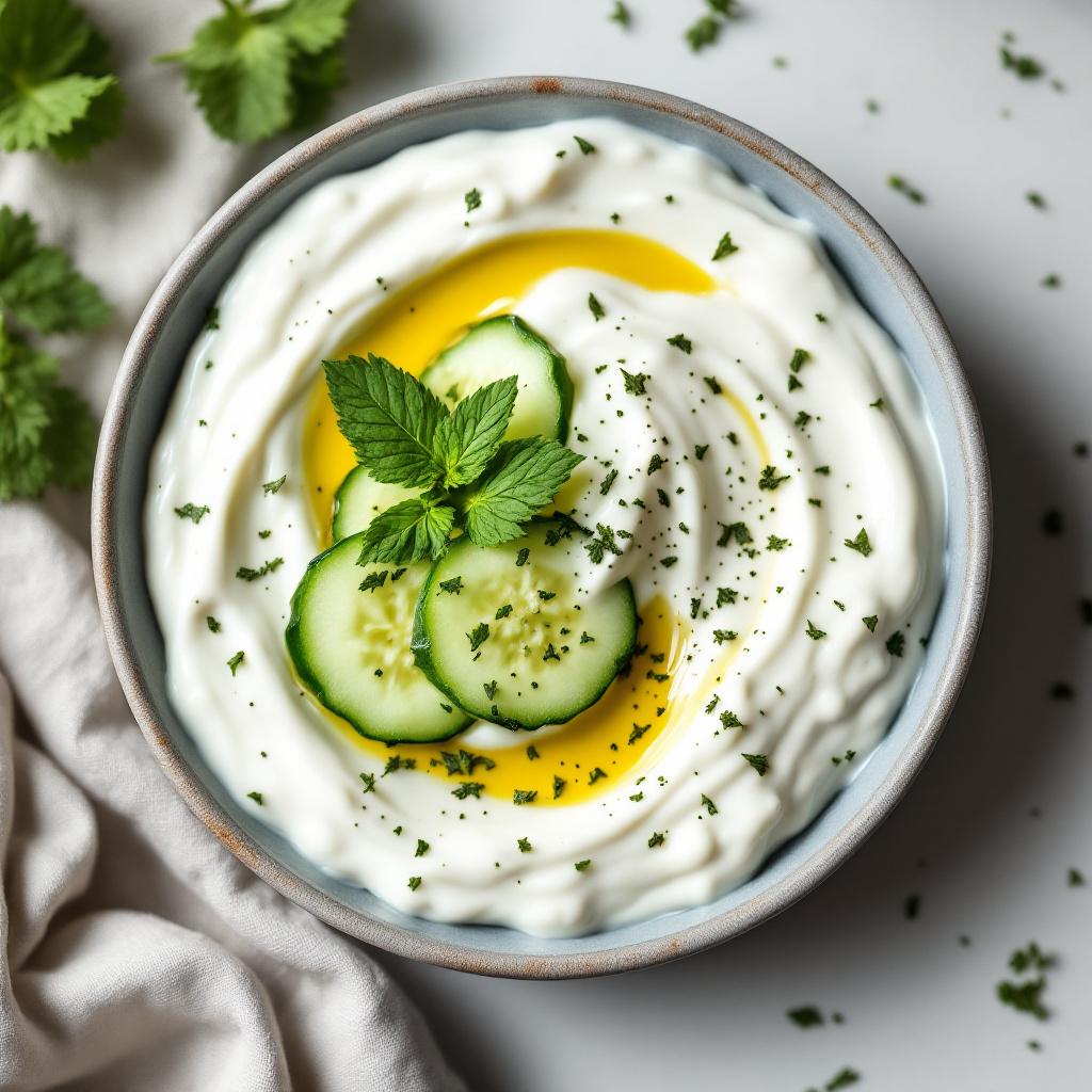 Cucumber yogurt salad with dried mint and a swirl of olive oil