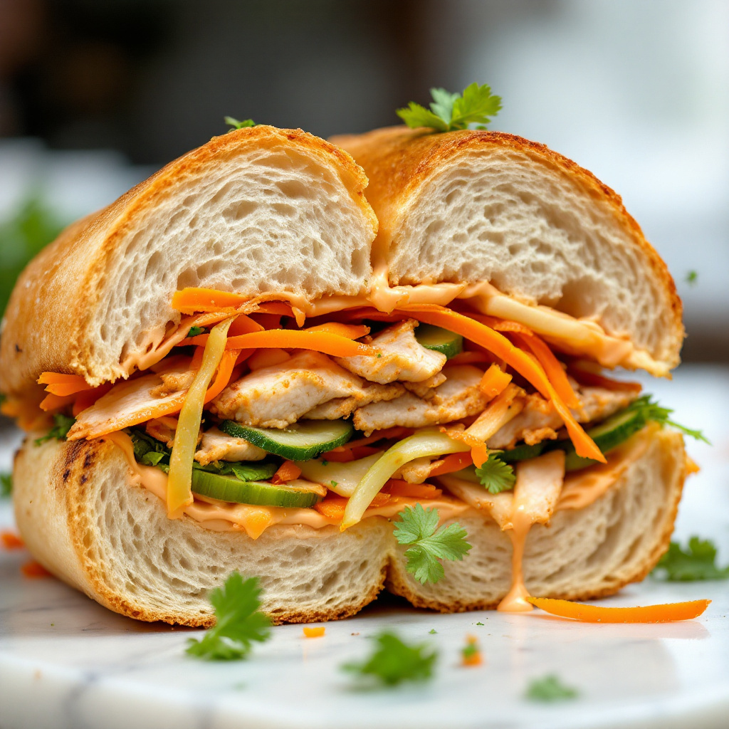 A close-up cross-section of a toasted Vietnamese banh mi baguette stuffed with pickled daikon, carrot ribbons, sliced cucumber, fresh cilantro, and a slick of chili mayo, shot on a marble board in bright diffused daylight