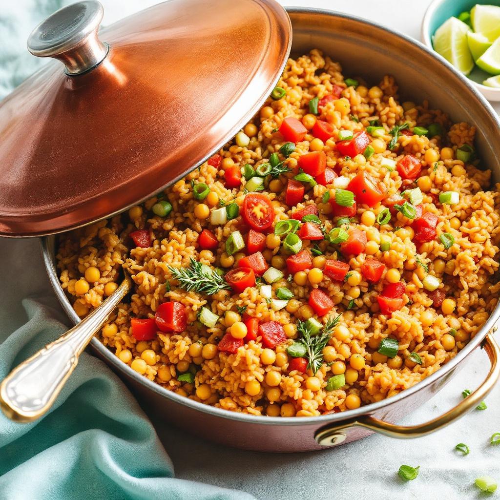 Bahamian peas n rice in a copper enameled pot with diced tomato and scallion garnish