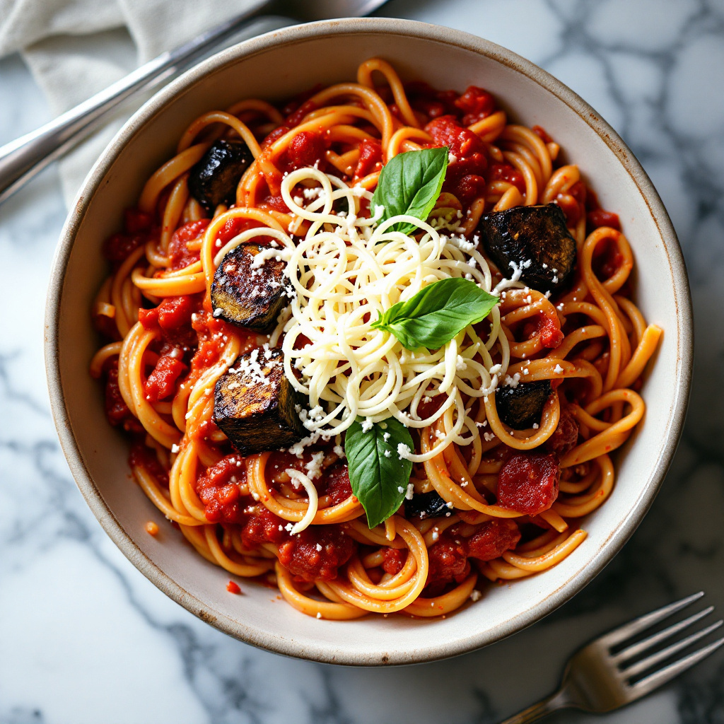 Sicilian pasta alla Norma with charred eggplant in red tomato sauce, basil leaves and shaved ricotta salata in a wide white bowl