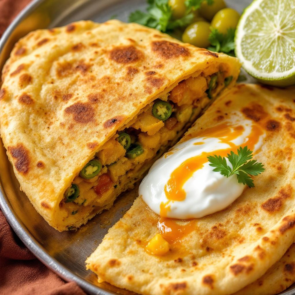 Stuffed aloo paratha cut open to reveal spiced potato filling on a steel thali
