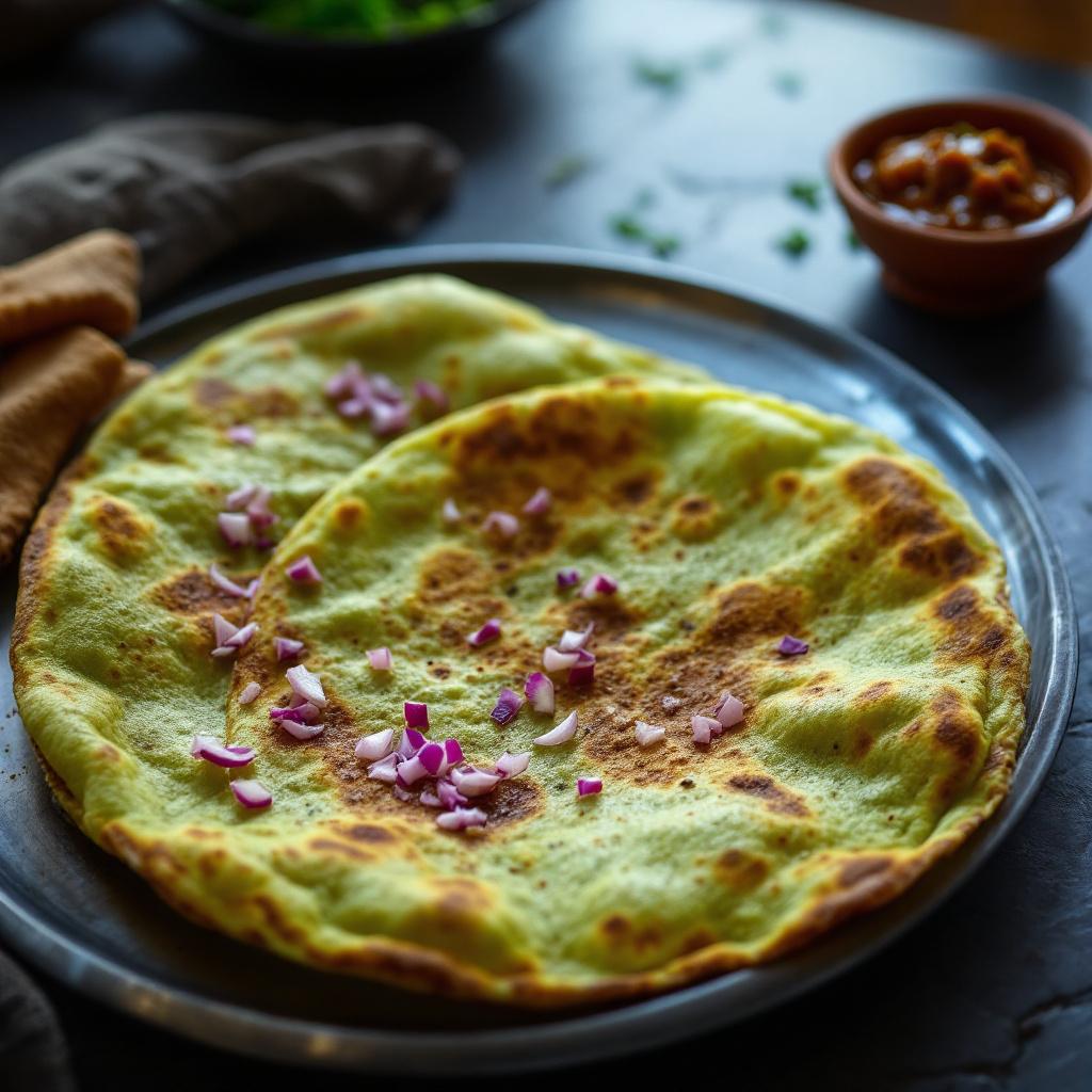 Green pesarattu dosa with chopped onions and dark ginger tamarind chutney