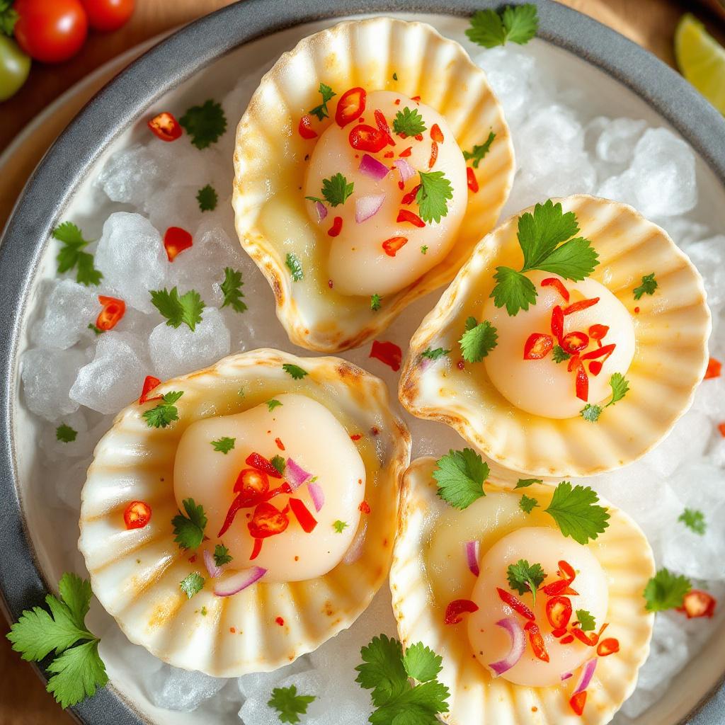 Scallop ceviche on a half shell with raw scallop slices, bright red rocoto chili, lime juice pooling, garnished with slivered red onion and cilantro