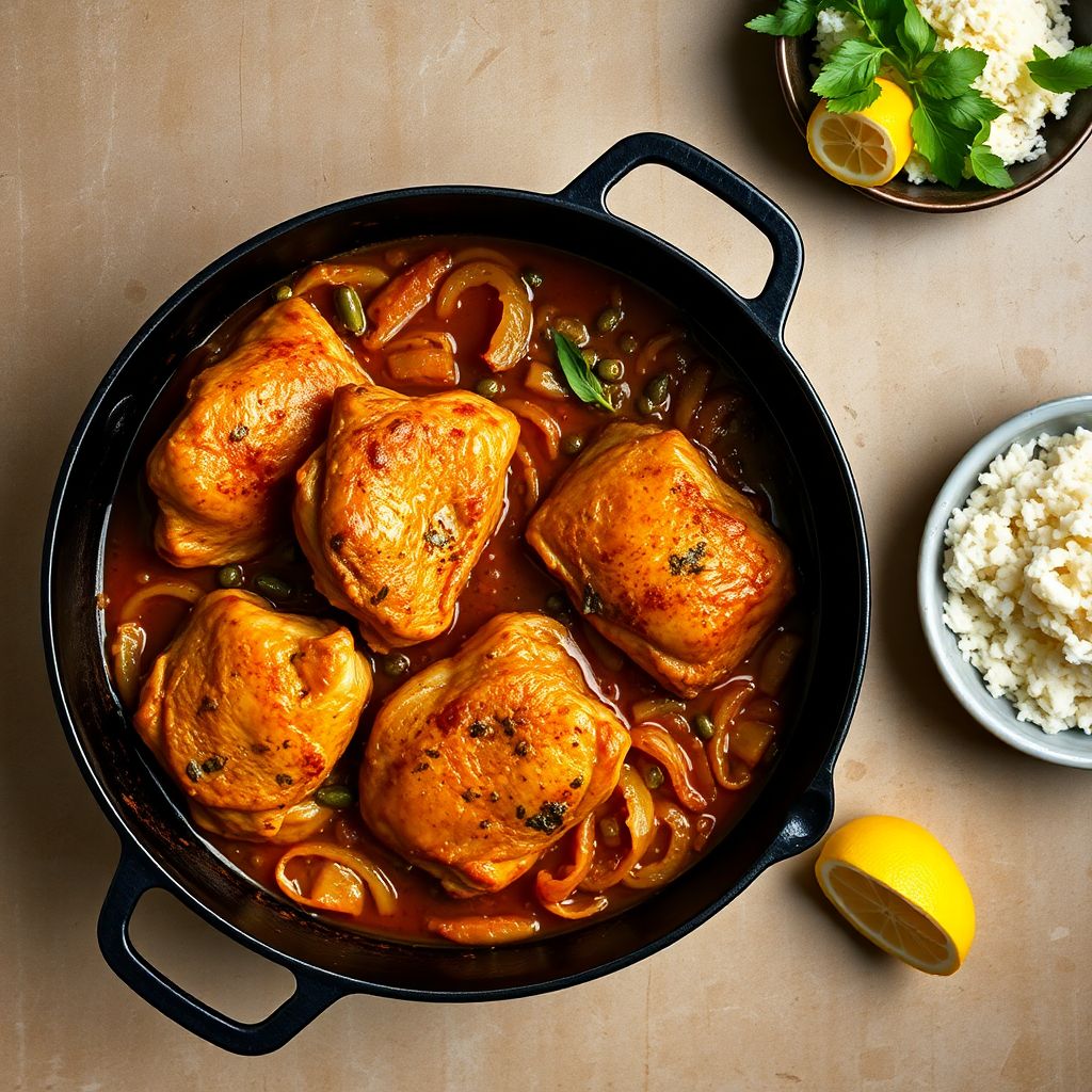 A pot of Senegalese yassa chicken thighs over deeply caramelized onions