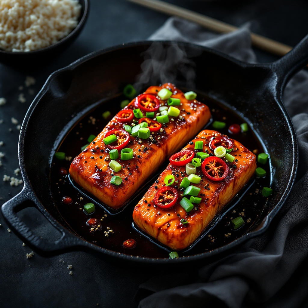 Vietnamese caramel salmon glazed in dark mahogany sauce with sliced scallions and red chile rings in a small black pan