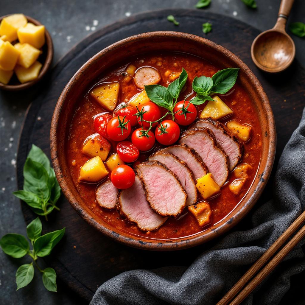 Red Thai curry with roasted duck and lychees in a dark clay bowl