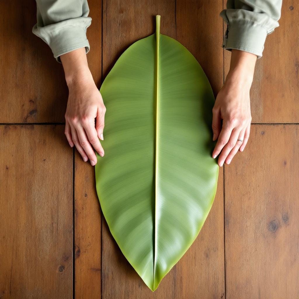 Hands laying overlapping banana leaves down the length of a wooden dining table