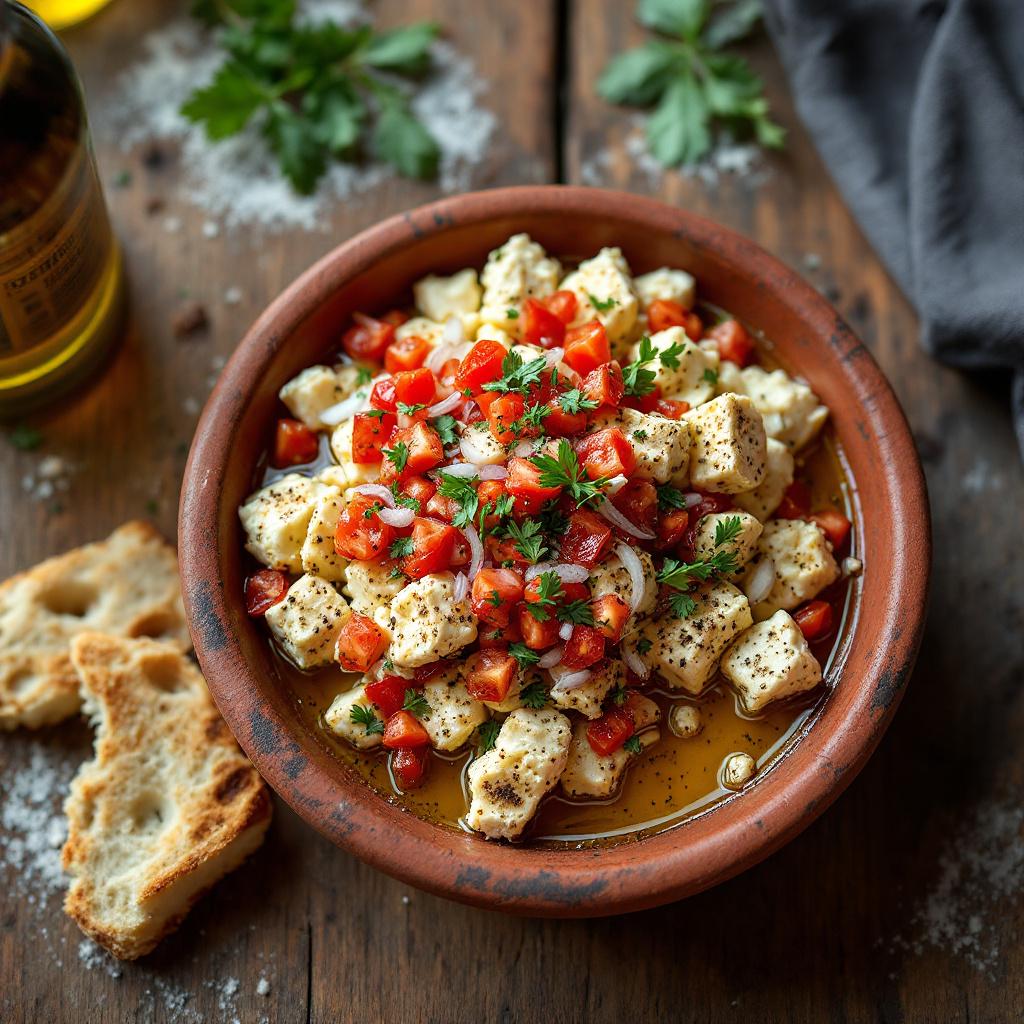 Crumbled shanklish cheese with chopped tomato, onion and parsley dressed in olive oil