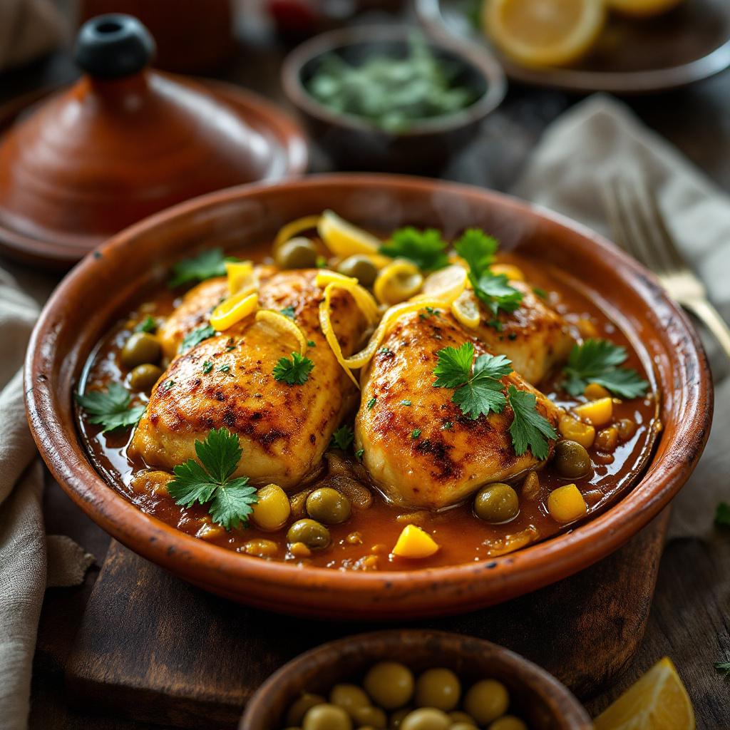 Chicken tagine with preserved lemons and green olives in a clay pot