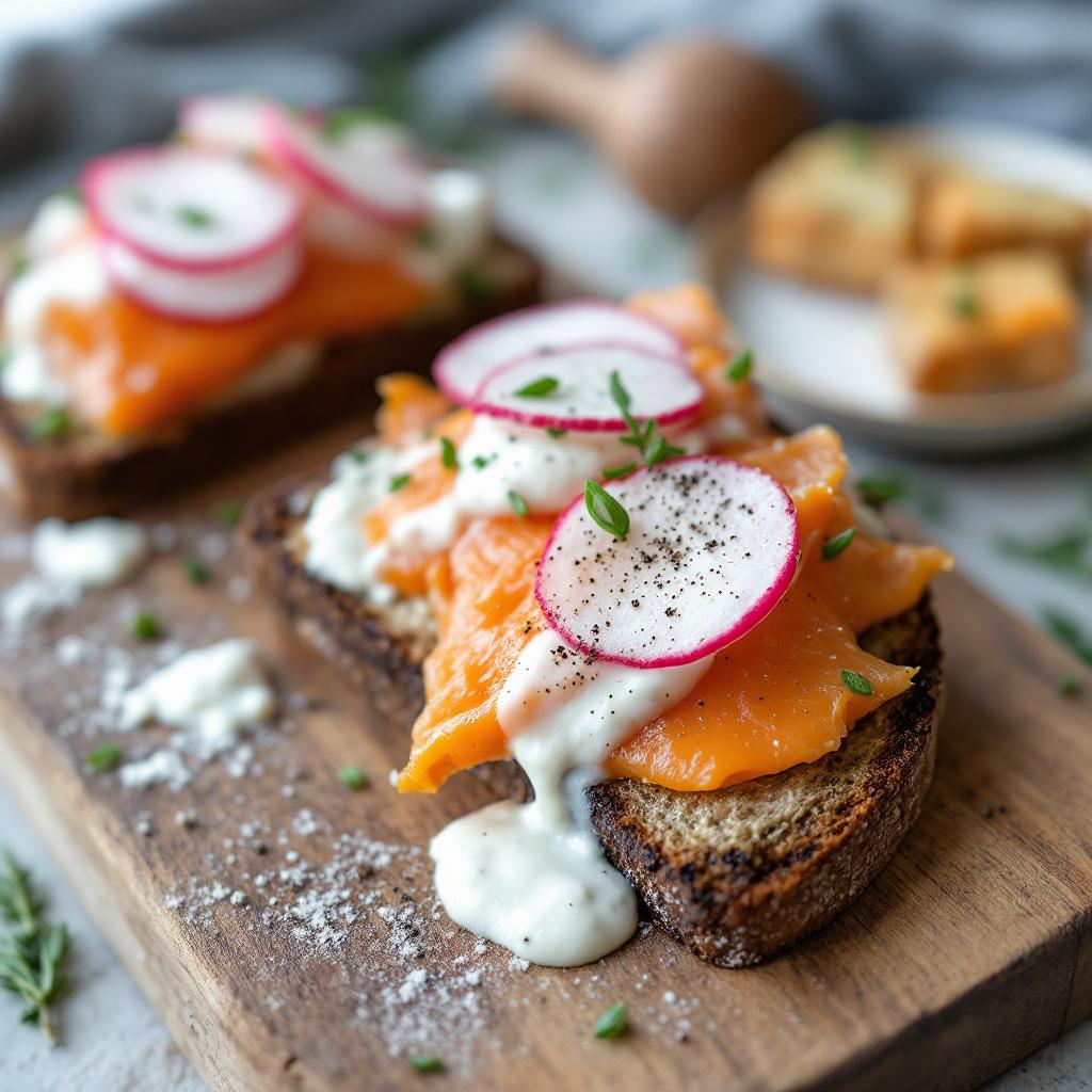 Flaked smoked mackerel on dark rye topped with a streak of horseradish cream, thinly sliced radish, and chopped chives