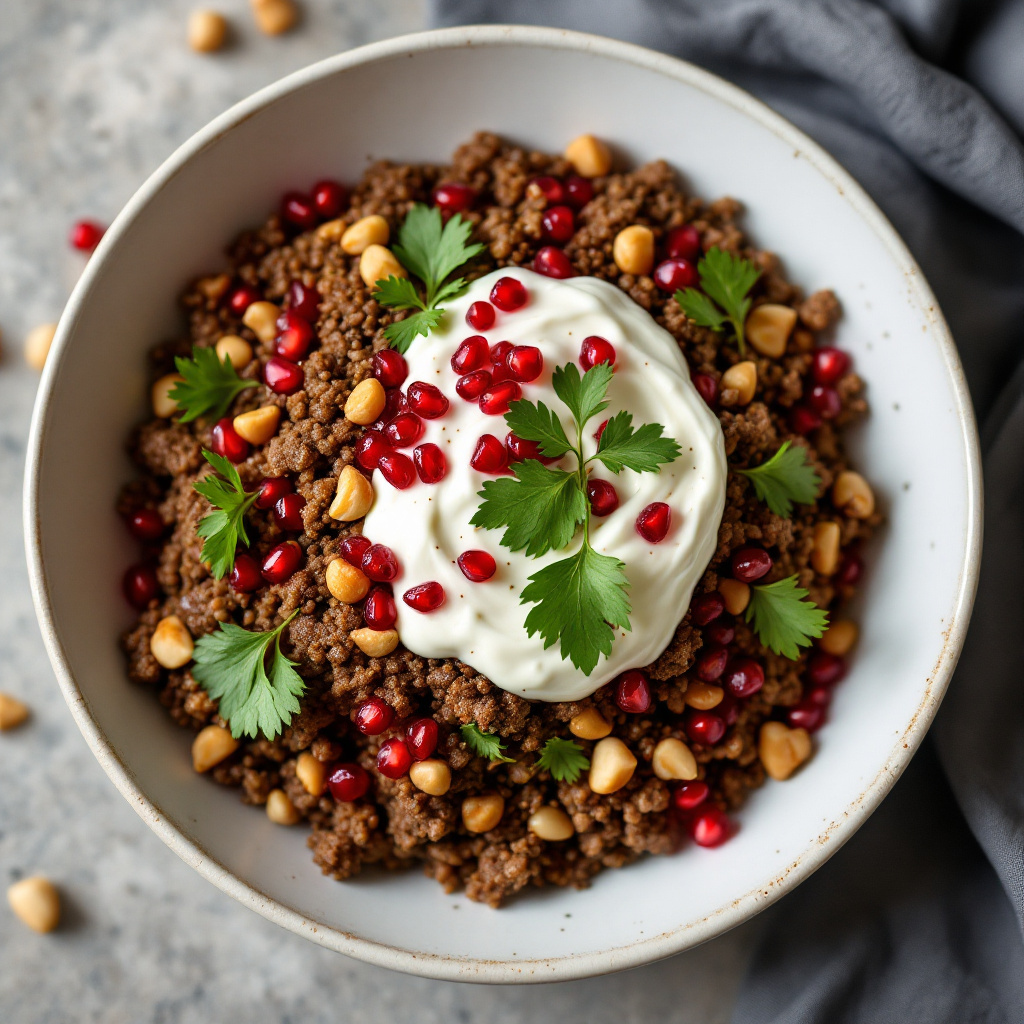 Overhead view of a Lebanese spiced lamb freekeh bowl in a shallow white bowl, ground lamb over smoky freekeh grains, topped with toasted pine nuts, a swirl of labneh, pomegranate seeds and flat-leaf parsley, natural diffused light, Mediterranean palette