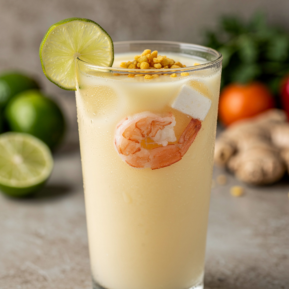 Leche de tigre served in a clear glass, milky pale yellow liquid with a single pink shrimp and a cube of white fish suspended inside, lime wedge on the rim