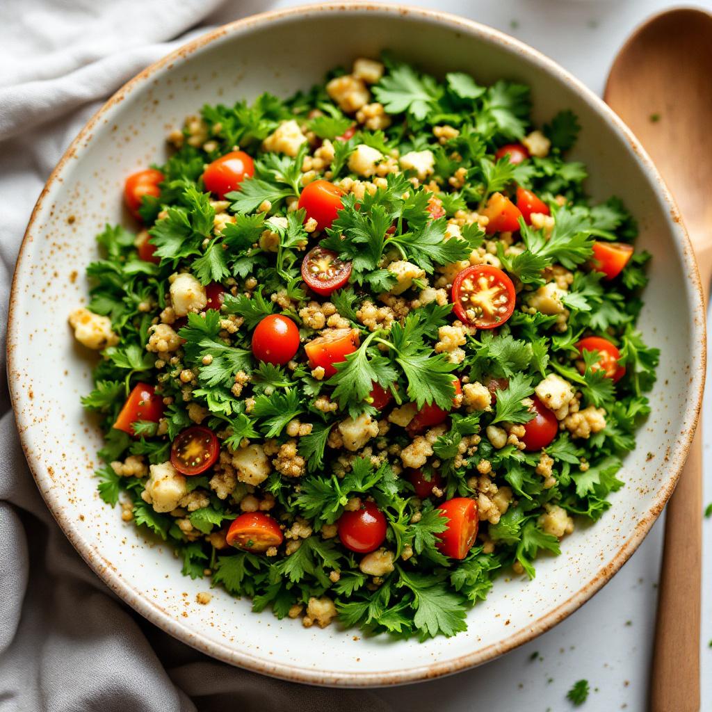 Bright green tabbouleh in a shallow bowl with finely diced tomato and sumac