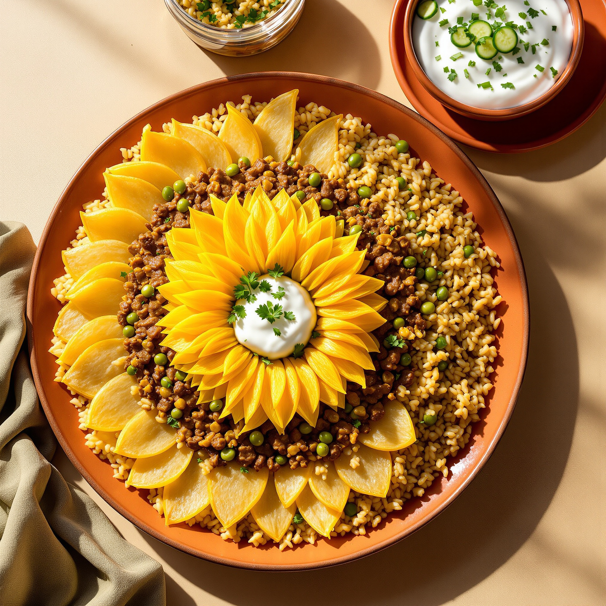 Lubia polo green bean and beef rice on platter with sliced potato tahdig sunflower pattern
