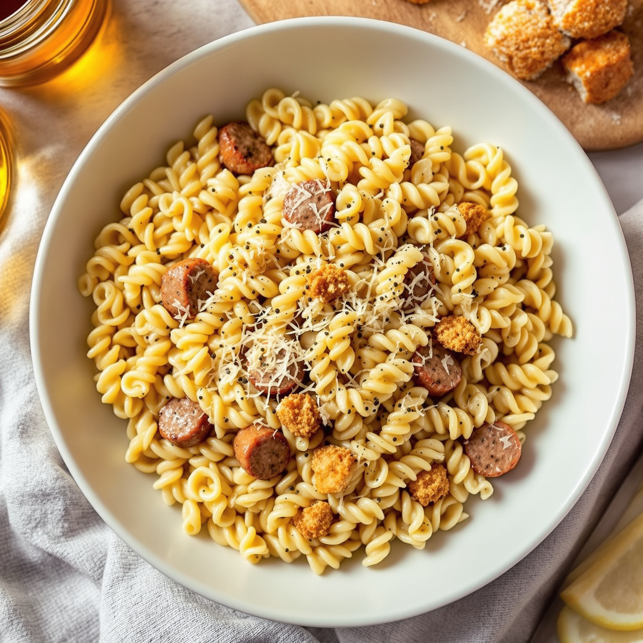 Spiral fusilli pasta in pale yellow saffron cream sauce with crumbles of sausage