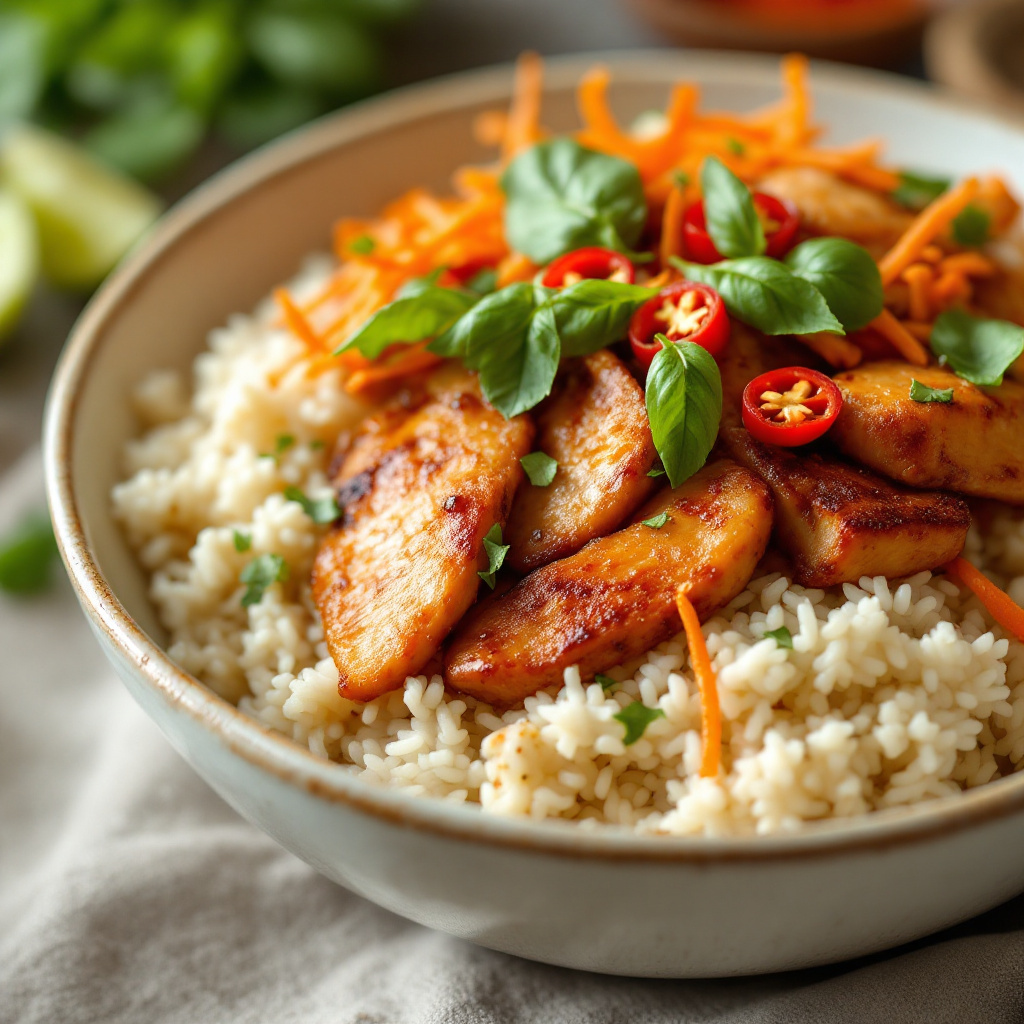 Close-up of a Vietnamese lemongrass chicken bowl with thinly sliced chicken thighs over jasmine rice, topped with pickled daikon, fresh Thai basil, and sliced red chili, soft natural side lighting, warm tones, shallow depth of field