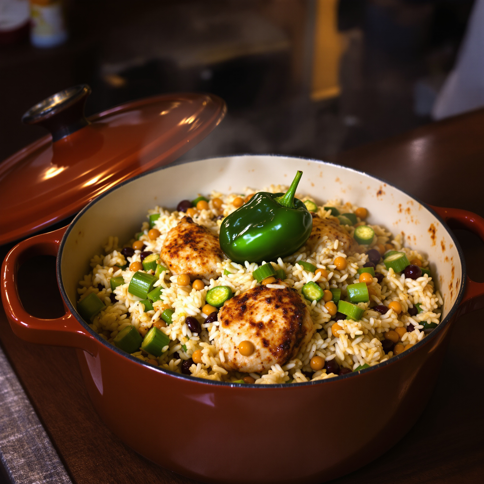 Guyanese cook-up rice in a brown enameled pot with black-eyed peas chicken and okra