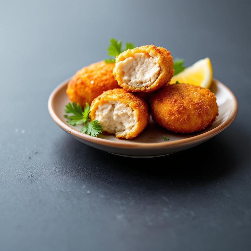 Crispy golden chicken croquetas piled on a small ceramic plate with lemon