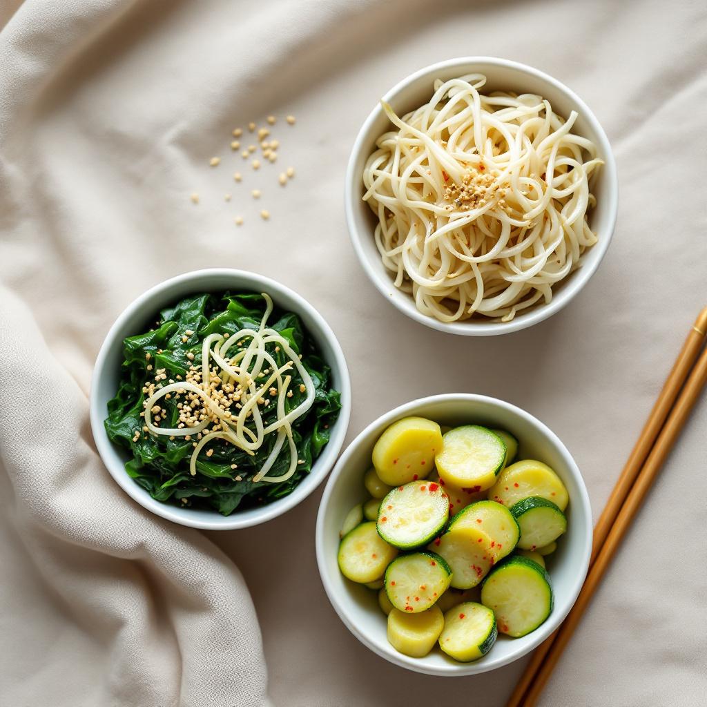 Three small white bowls of Korean namul side dishes, spinach, bean sprouts, and zucchini, on a linen cloth