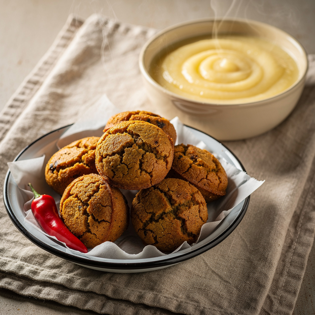 Nigerian akara black-eyed pea fritters served with a bowl of pale corn pap porridge